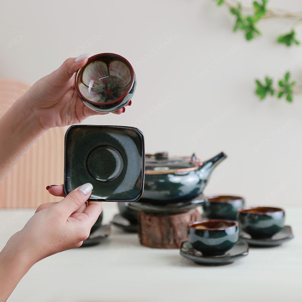 Bộ ấm trà Giang Tây lòng hoa men xanh rêu hoả biến