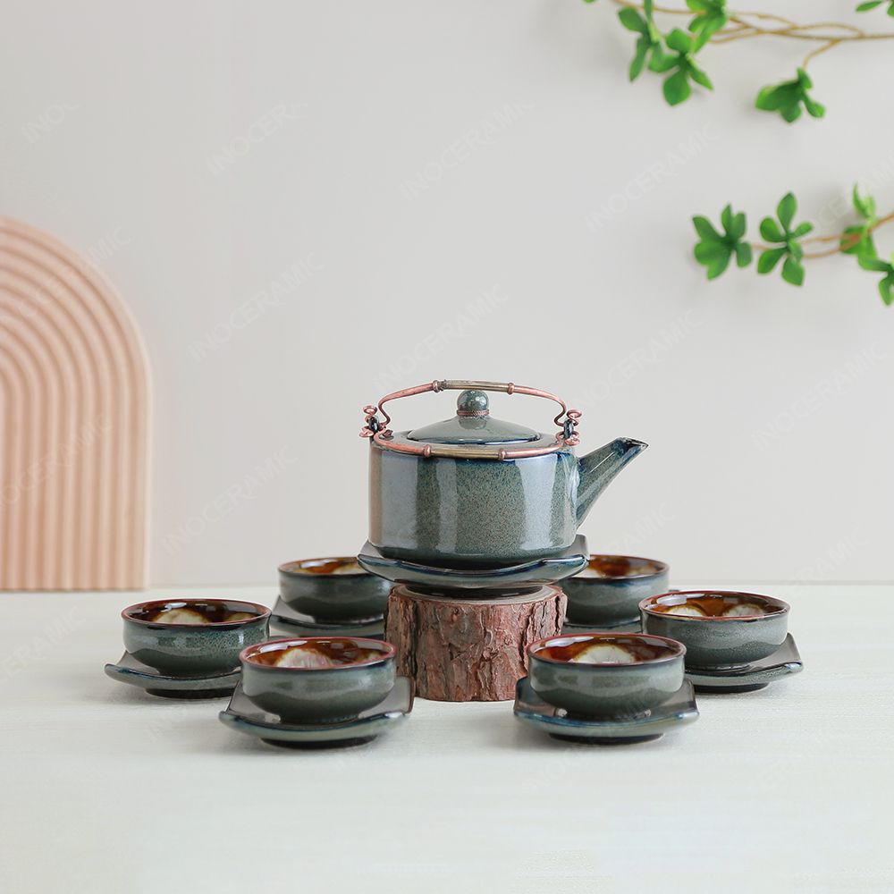 Bộ ấm trà Thanh Hoa men ghi hoả biến