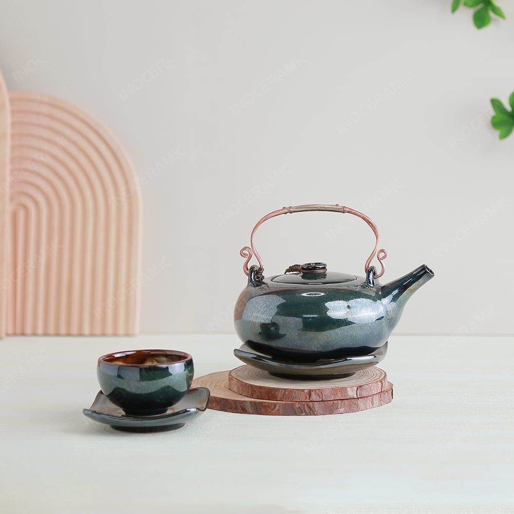 Bộ ấm trà Giang Tây lòng hoa men xanh rêu hoả biến