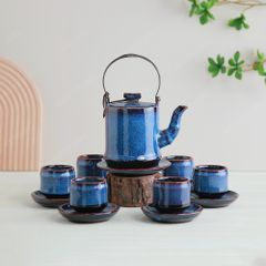 Bộ ấm trà Quế Hoa men lam hoả biến