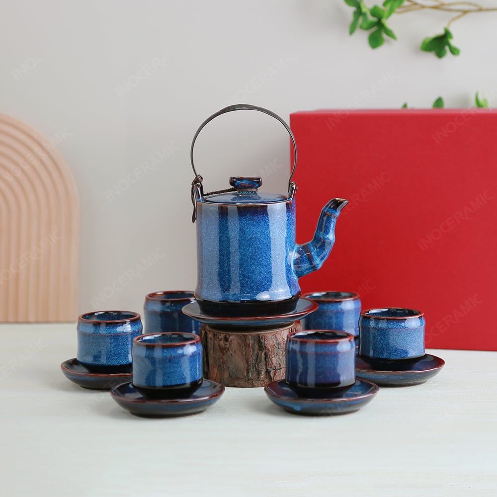 Bộ ấm trà Quế Hoa men lam hoả biến