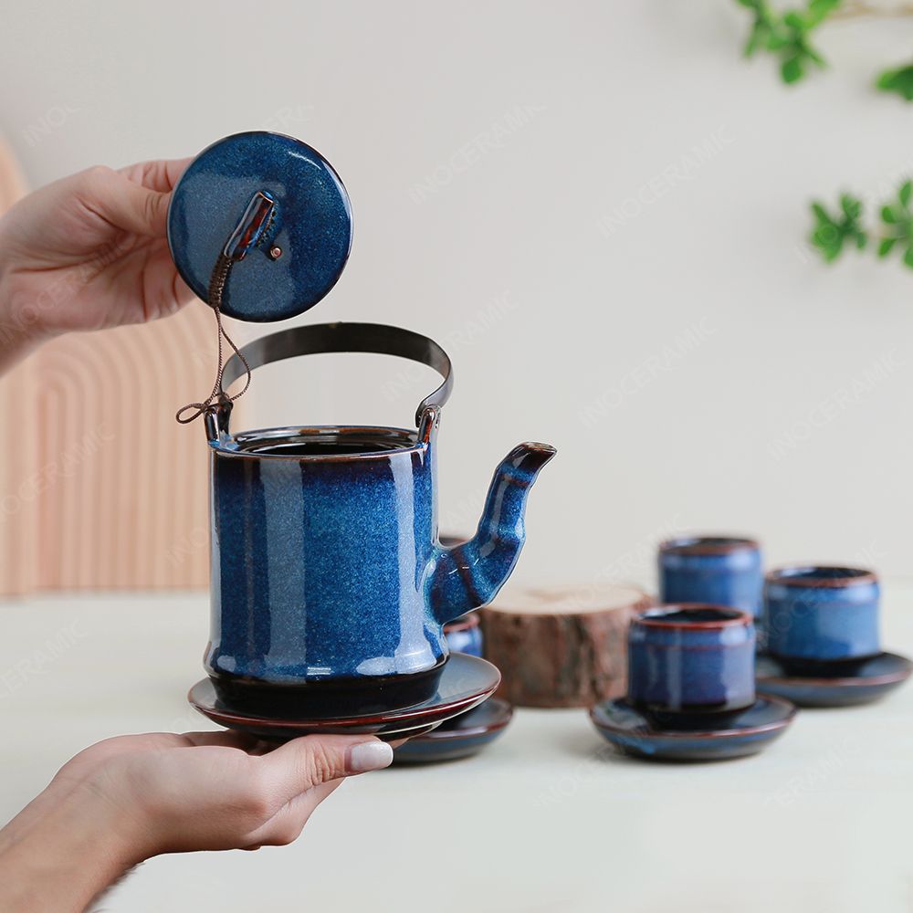 Bộ ấm trà Quế Hoa men lam hoả biến