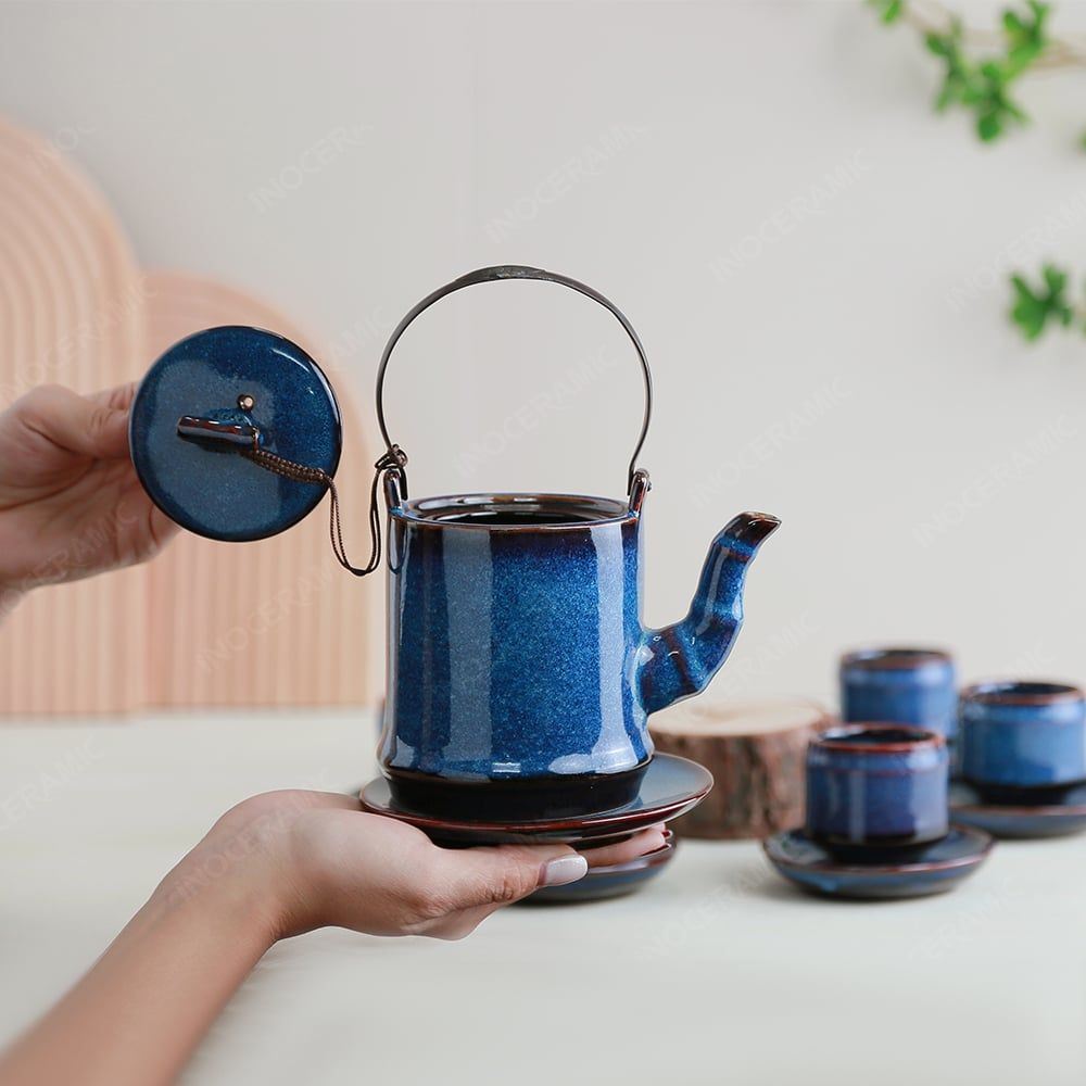 Bộ ấm trà Quế Hoa men lam hoả biến