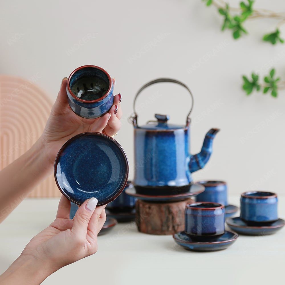 Bộ ấm trà Quế Hoa men lam hoả biến