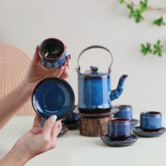 Bộ ấm trà Quế Hoa men lam hoả biến