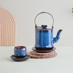 Bộ ấm trà Quế Hoa men lam hoả biến