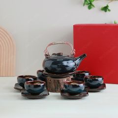 Bộ ấm trà Giang Tây lòng hoa men xanh đen hoả biến
