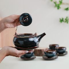 Bộ ấm trà Giang Tây lòng hoa men xanh đen hoả biến