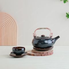 Bộ ấm trà Giang Tây lòng hoa men xanh đen hoả biến