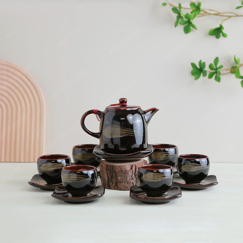 Bộ ấm trà Vân Giang men nâu hoả biến