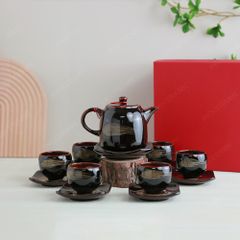 Bộ ấm trà Vân Giang men nâu hoả biến