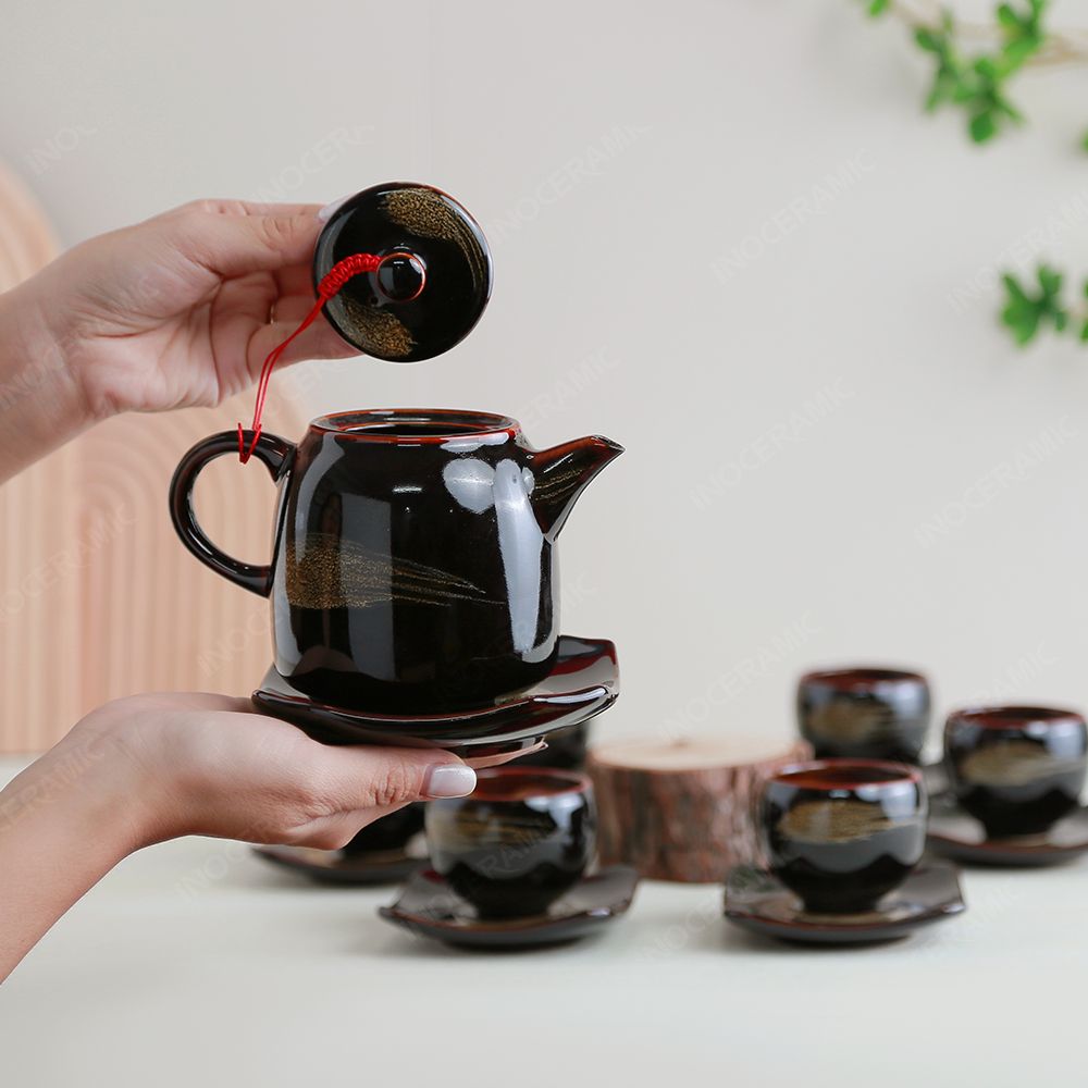 Bộ ấm trà Vân Giang men nâu hoả biến