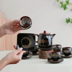 Bộ ấm trà Vân Giang men nâu hoả biến