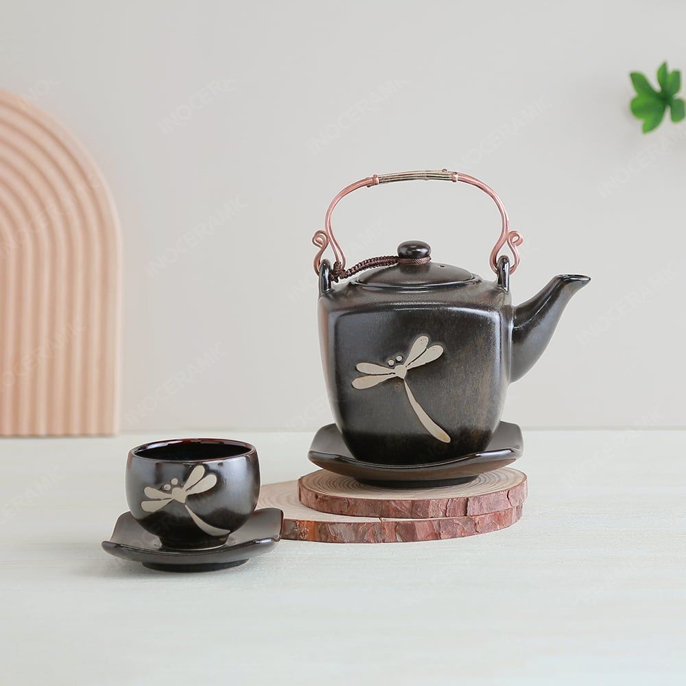 Bộ ấm trà lục giác quai đồng khắc chuồn men hoả biến