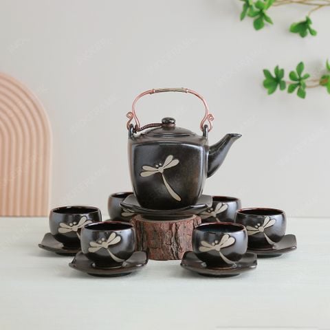 Bộ ấm trà lục giác quai đồng khắc chuồn men hoả biến