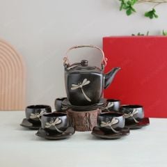 Bộ ấm trà lục giác quai đồng khắc chuồn men hoả biến