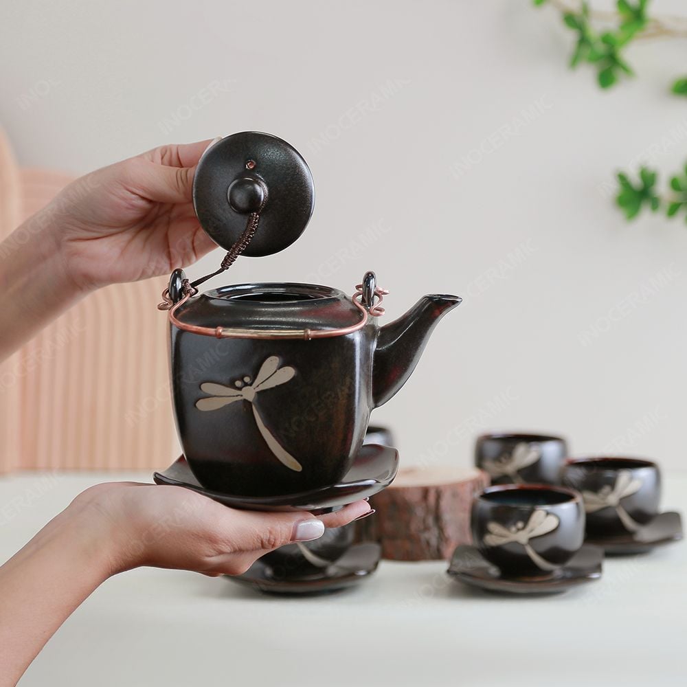 Bộ ấm trà lục giác quai đồng khắc chuồn men hoả biến