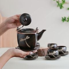 Bộ ấm trà lục giác quai đồng khắc chuồn men hoả biến