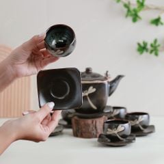 Bộ ấm trà lục giác quai đồng khắc chuồn men hoả biến