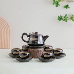 Bộ ấm trà Linh Hoa men nâu hoả biến