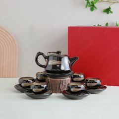 Bộ ấm trà Linh Hoa men nâu hoả biến