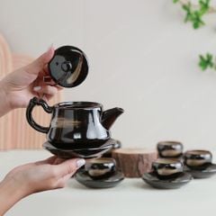 Bộ ấm trà Linh Hoa men nâu hoả biến