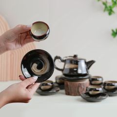Bộ ấm trà Linh Hoa men nâu hoả biến