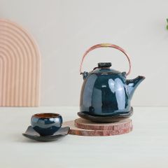Bộ ấm trà Kim Hoa men lam hoả biến