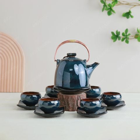 Bộ ấm trà Kim Hoa men lam hoả biến