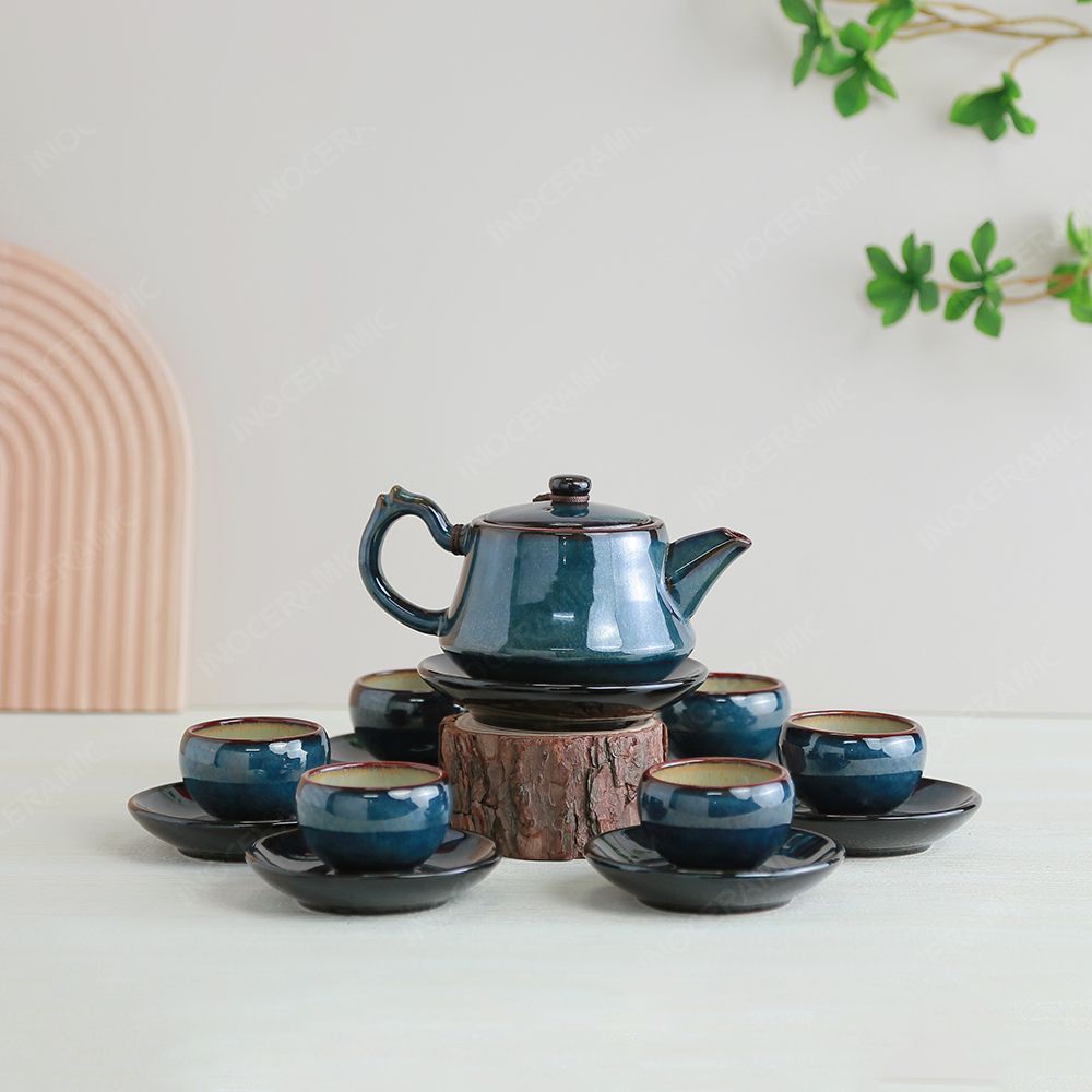 Bộ ấm trà Linh Hoa men lam hoả biến
