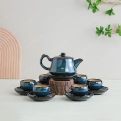 Bộ ấm trà Linh Hoa men lam hoả biến
