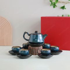 Bộ ấm trà Linh Hoa men lam hoả biến