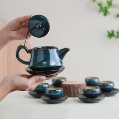 Bộ ấm trà Linh Hoa men lam hoả biến