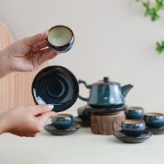Bộ ấm trà Linh Hoa men lam hoả biến