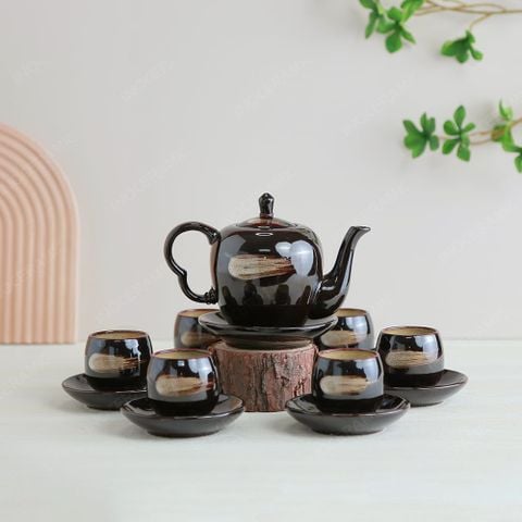 Bộ ấm trà Chi Hoa men nâu hoả biến