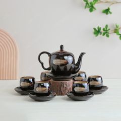 Bộ ấm trà Chi Hoa men nâu hoả biến