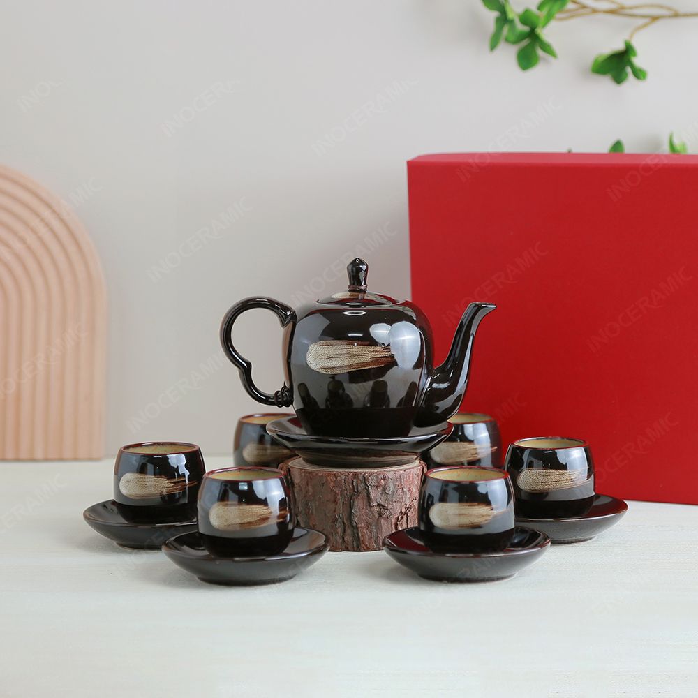 Bộ ấm trà Chi Hoa men nâu hoả biến