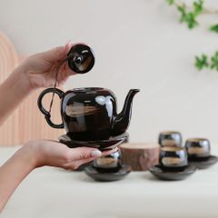 Bộ ấm trà Chi Hoa men nâu hoả biến