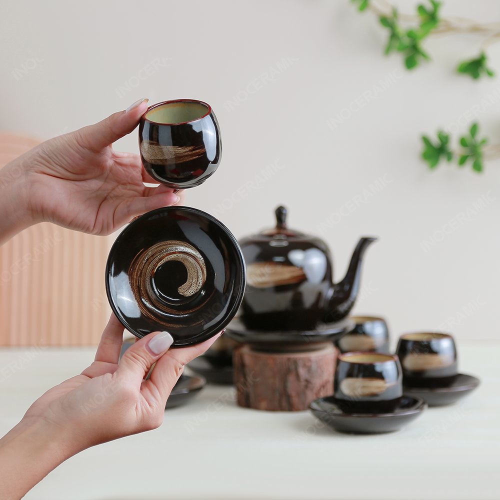 Bộ ấm trà Chi Hoa men nâu hoả biến