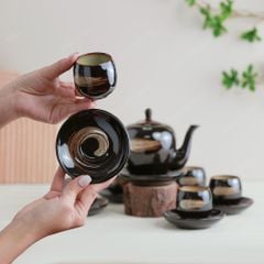 Bộ ấm trà Chi Hoa men nâu hoả biến