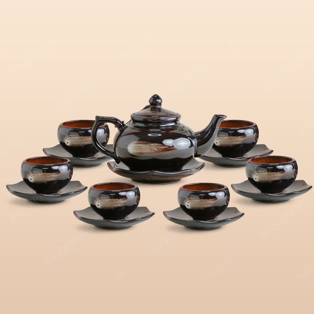 Bộ ấm trà Châu Sa bảo bình men nâu hoả biến