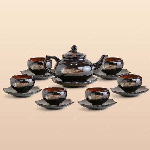 Bộ ấm trà Châu Sa bảo bình men nâu hoả biến