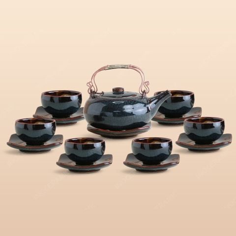 Bộ ấm trà Giang Tây lòng hoa men xanh đen hoả biến
