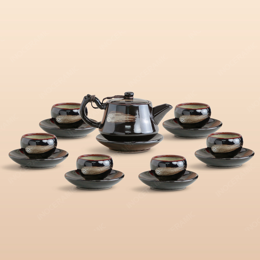 Bộ ấm trà Linh Hoa men nâu hoả biến