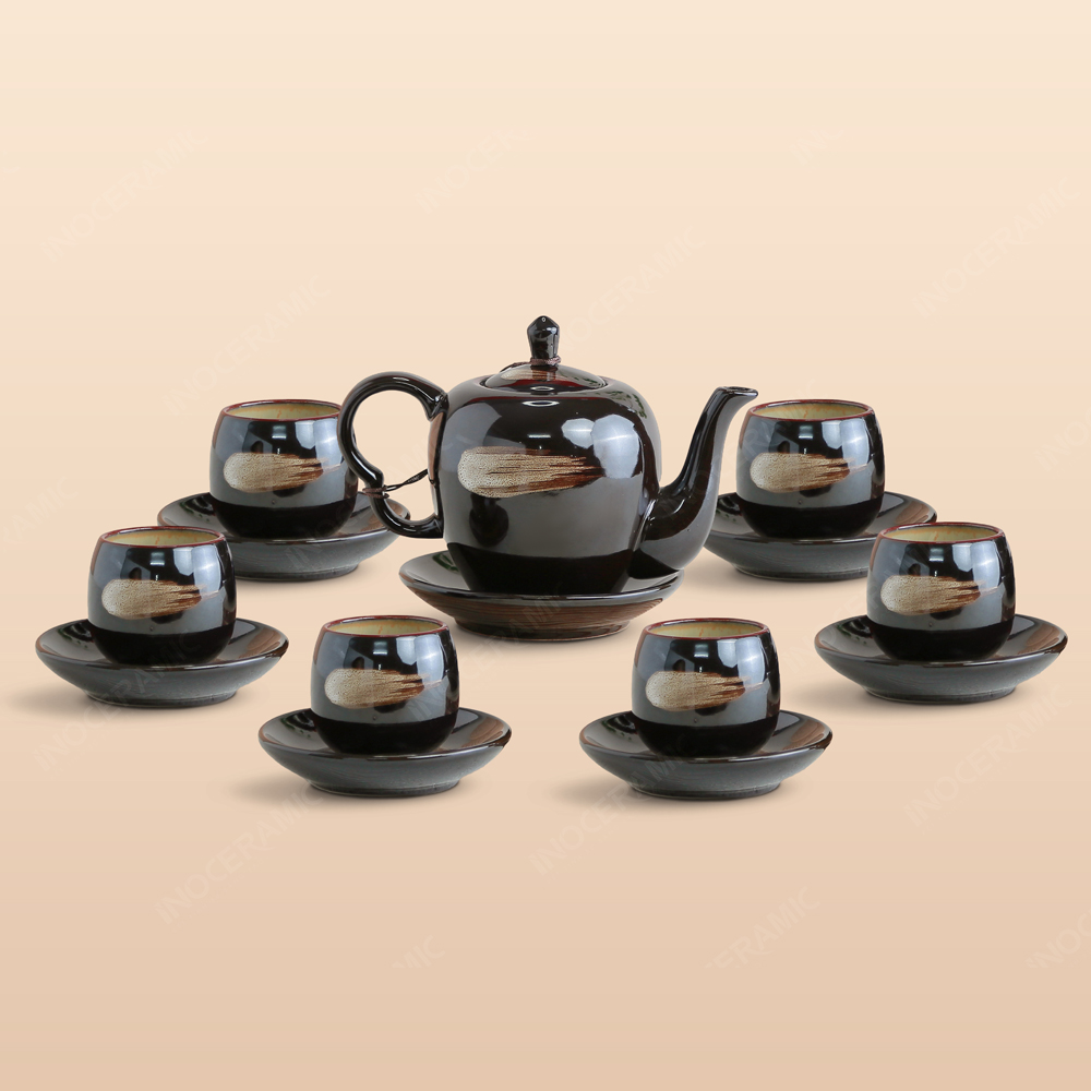 Bộ ấm trà Chi Hoa men nâu hoả biến