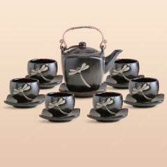 Bộ ấm trà lục giác quai đồng khắc chuồn men hoả biến