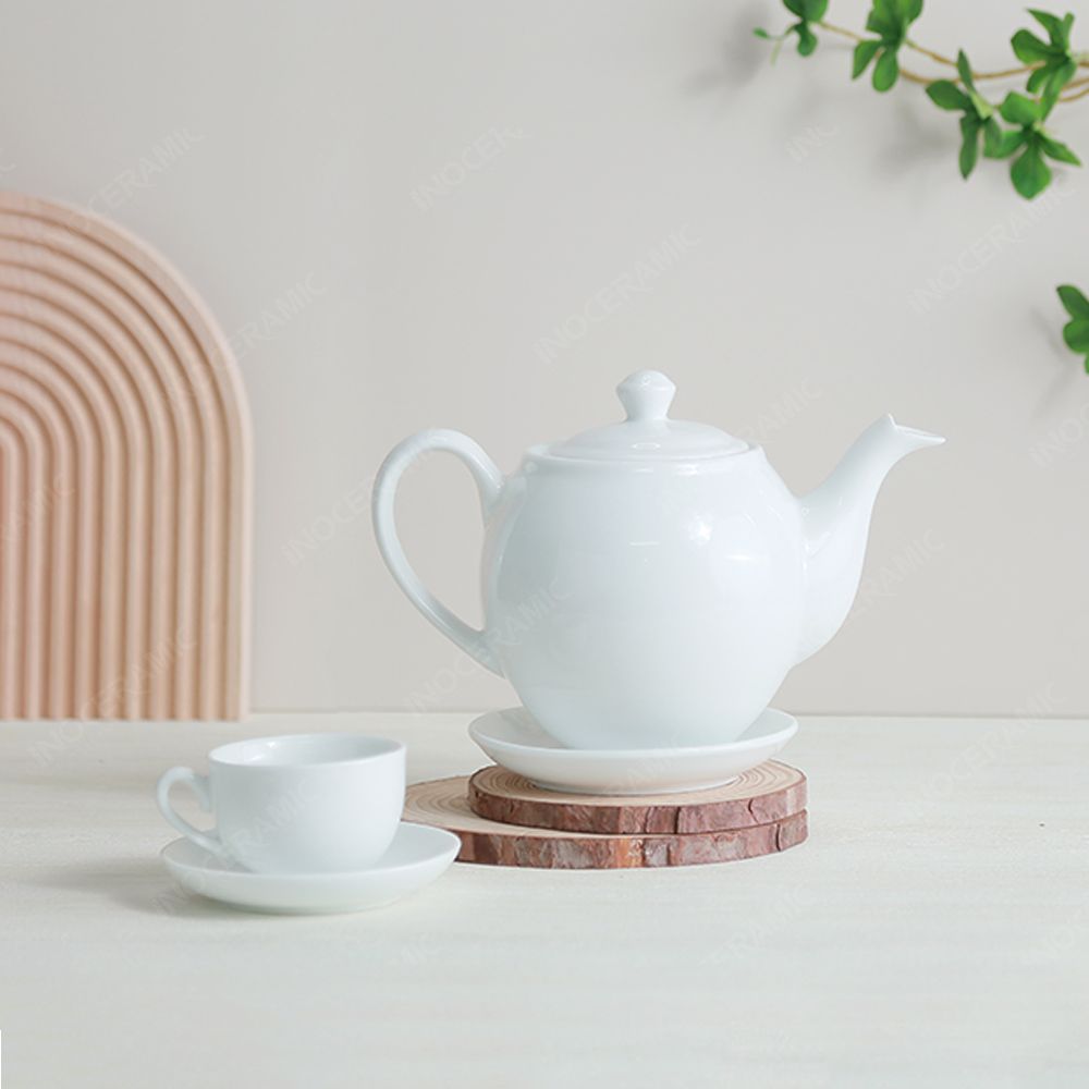 Bộ ấm trà dáng Minh Long men trắng in logo