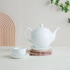 Bộ ấm trà dáng Minh Long men trắng in logo