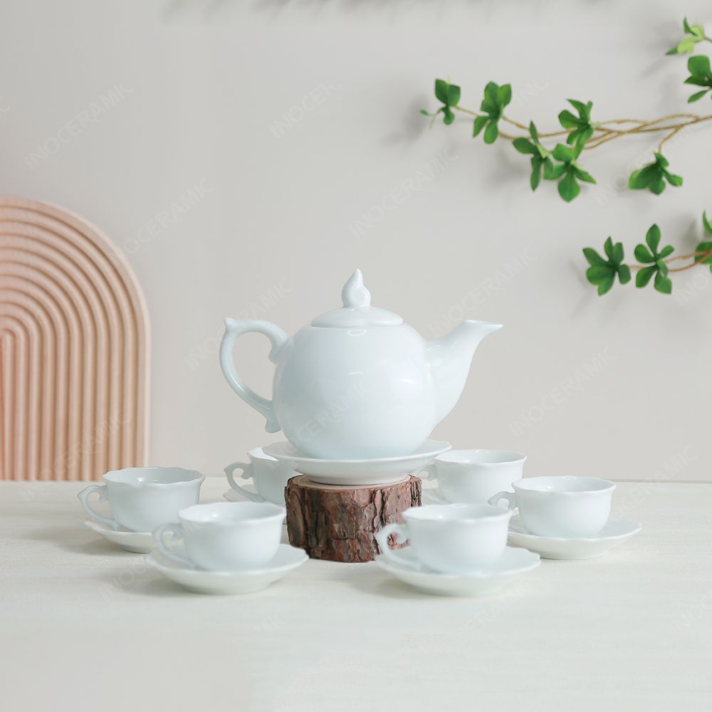 Bộ ấm trà Mẫu Đơn men trắng in logo