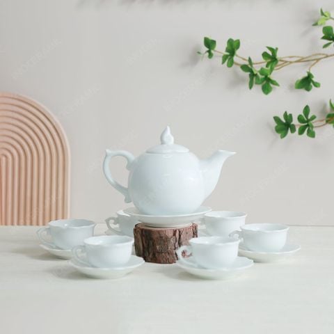 Bộ ấm trà Mẫu Đơn men trắng